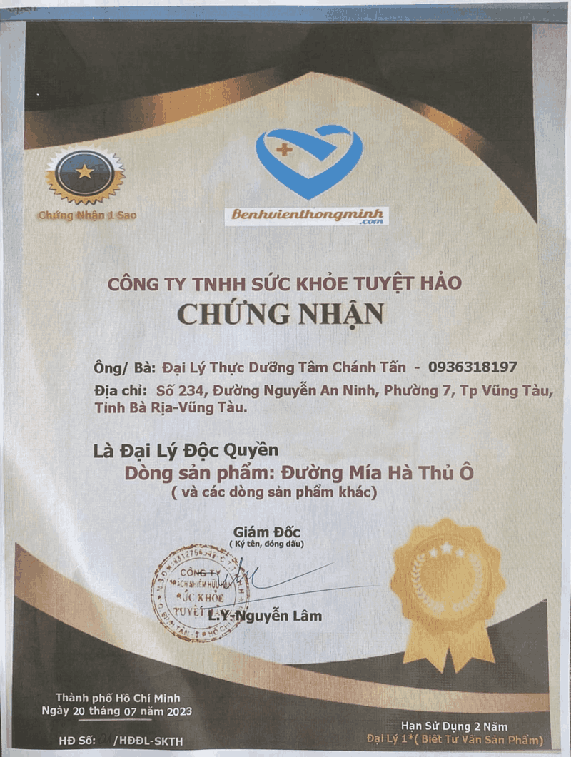 Giấy chứng nhận của Thực Dưỡng Tâm Chánh Tấn Vũng Tàu