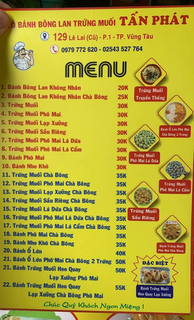 bánh kẹo đặc sản Vũng Tàu Menu của Bánh Bông Lan Trứng Muối Tấn Phát