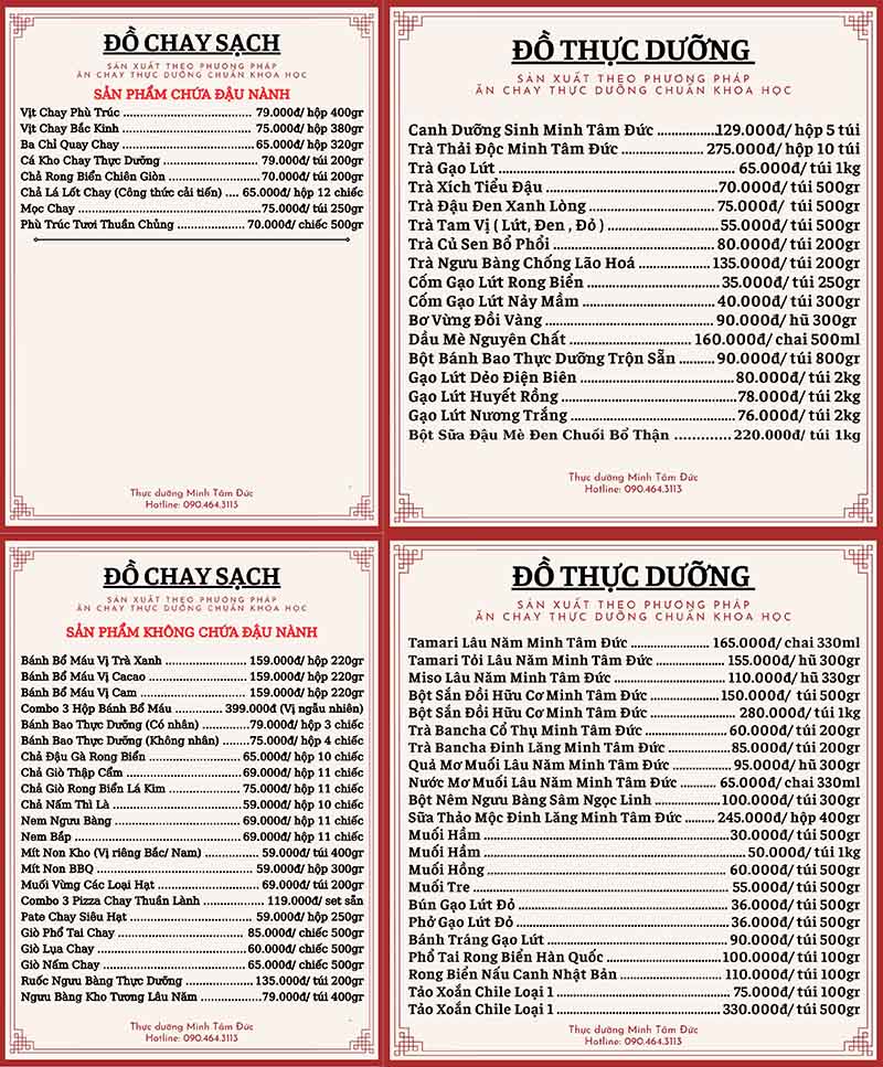 cửa hàng thực dưỡng Hải Phòng Bảng giá tham khảo tại Minh Tâm Đức