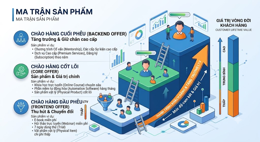 Sơ đồ Ma trận Sản phẩm minh họa hành trình khách hàng qua các cấp độ từ "Đầu Phễu" đến "Cuối Phễu", mô tả cách tăng dần mức độ cam kết và Giá trị Vòng đời Khách hàng (LTV) qua mỗi bước.