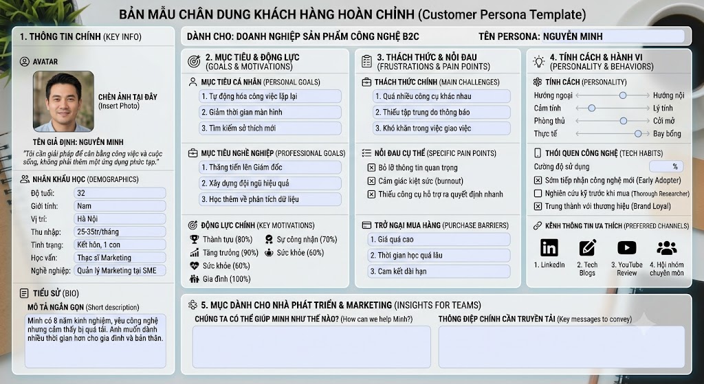 Bản mẫu Customer Persona trực quan, chia rõ các khối: Avatar, Demographics, Goals, Frustrations và Bio.