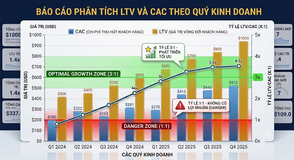 Đồ thị cột kết hợp Line Chart thể hiện sự đối quan giữa LTV và CAC qua các quý kinh doanh