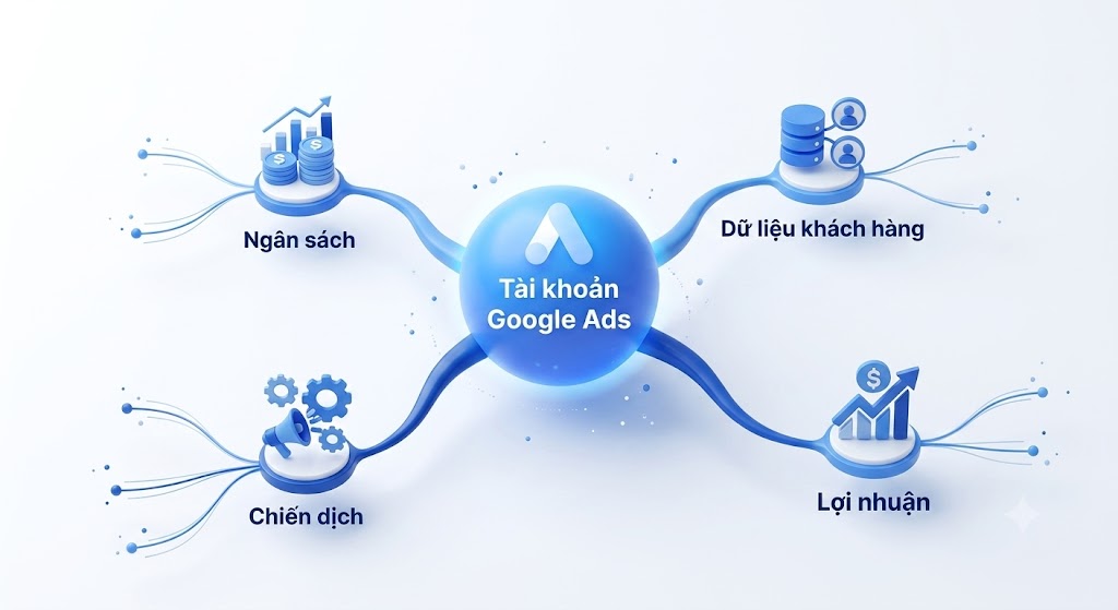 Sơ đồ tư duy 3D về Google Ads, hiển thị 4 trụ cột: Chiến dịch, Ngân sách, Dữ liệu khách hàng và Lợi nhuận.