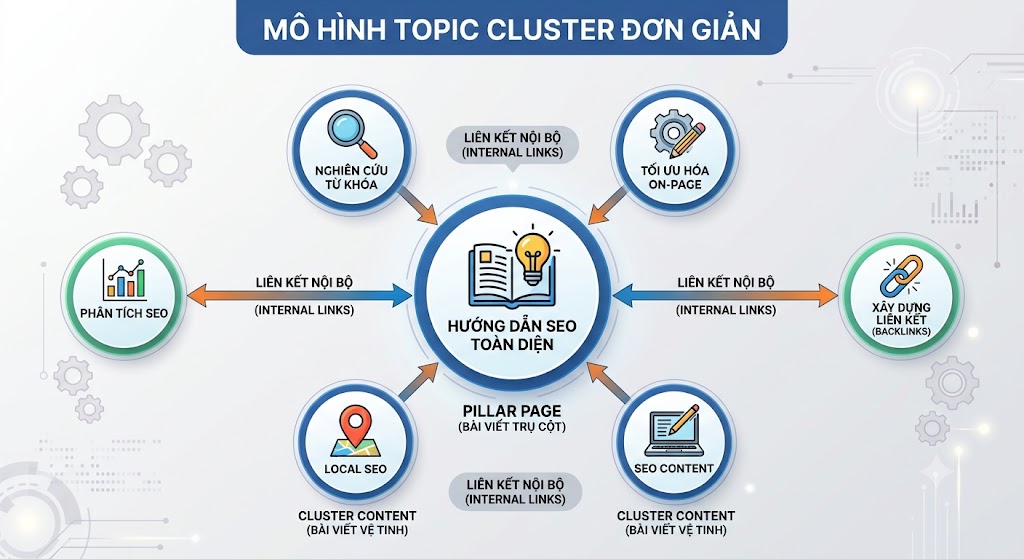 Minh họa cách xây dựng hệ thống liên kết nội bộ (Internal Link) theo mô hình Topic Cluster, giúp công cụ tìm kiếm hiểu rõ cấu trúc website và nâng cao thứ hạng từ khóa.