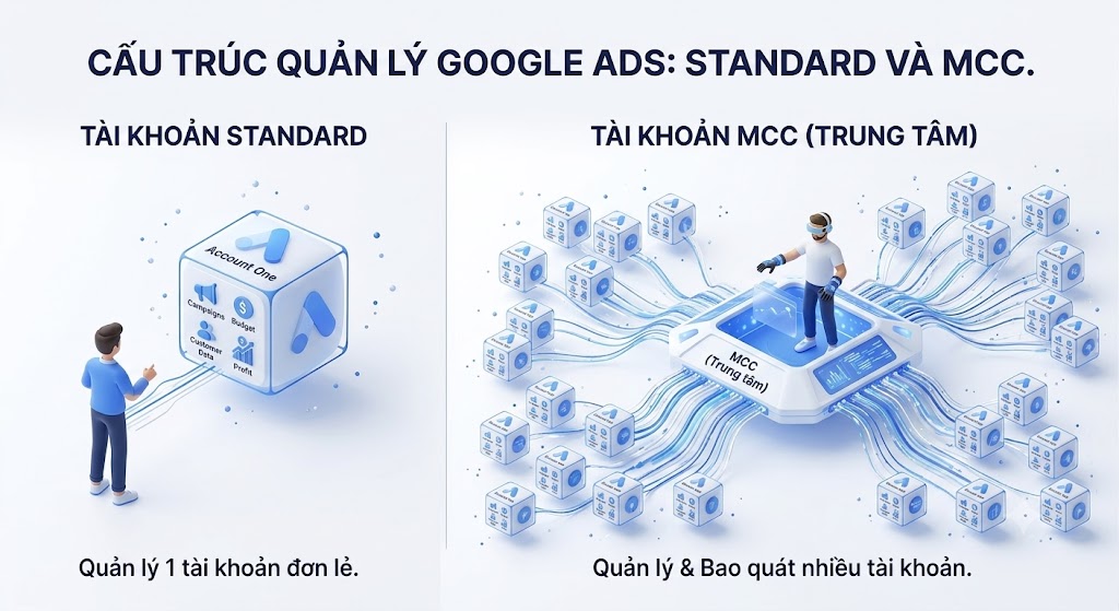 Minh họa sự khác biệt giữa quản lý đơn lẻ và quản lý tập trung trong Google Ads.