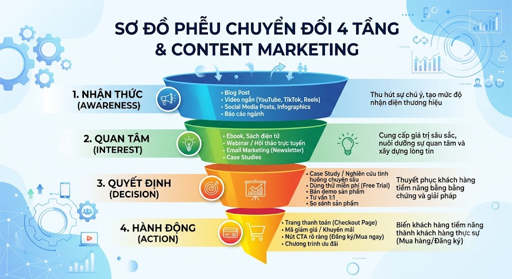 Sơ đồ Phễu chuyển đổi 4 tầng & Chiến lược Content Marketing